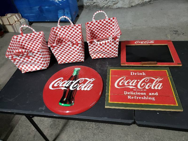 lot 9387 image: Metal Coca Cola Sign, Wood Sigh, Red and White Baskets and More