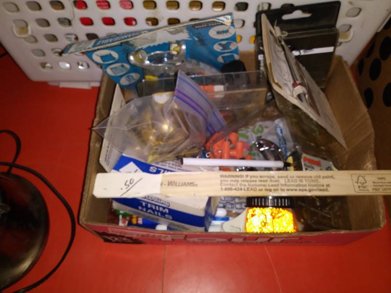 lot 7149 image: Lot with door knob, window and door replacement hardware, snap fastner and eyelet plier and more.