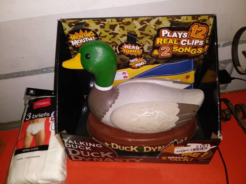 lot 7151 image: Lot with talking duck and 3XL hanes mens briefs.
