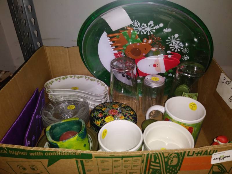 lot 7163 image: Lot with books, faux fruit decor, head massager, glassware and more.