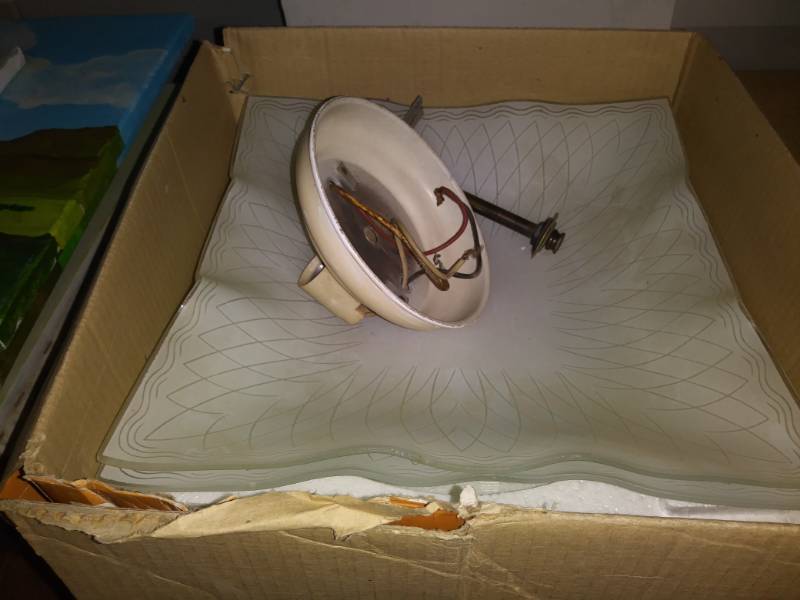 lot 7164 image: Glass ceiling light covers and a paper hanging tool set.