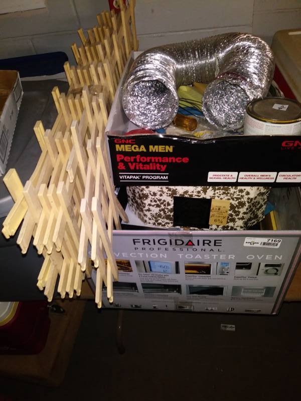 lot 7169 image: Lot with road flare, wisk, storage box, light bulbs, coffee cups and more.