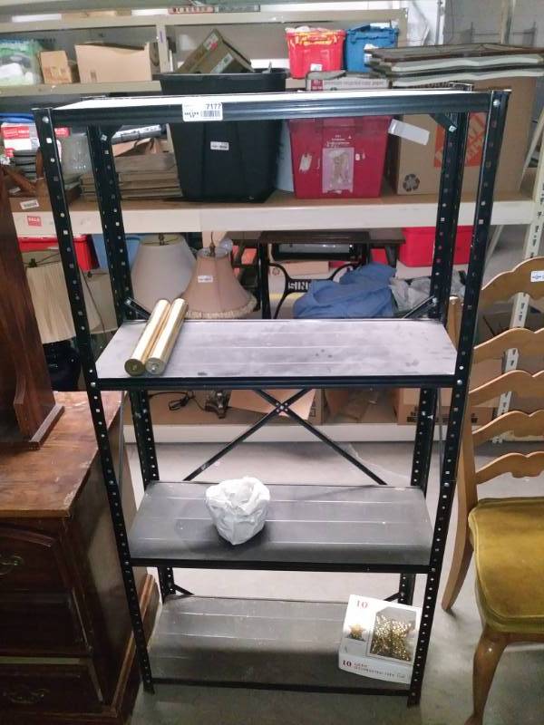 lot 7177 image: Metal shelf with contents.