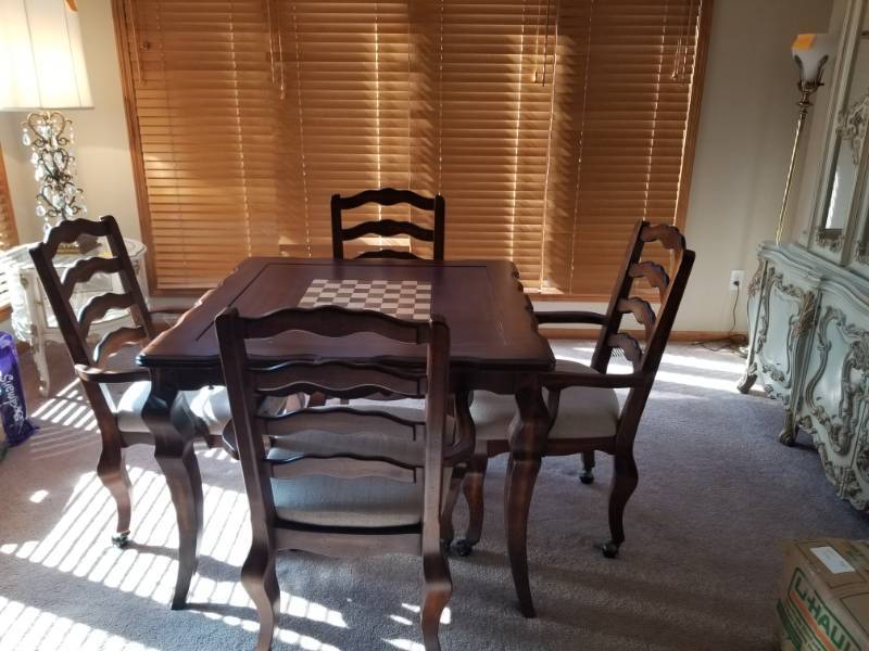 lot 5 image: Mahogany Game Table, Interchangeable Game Boards w Four Arm Chairs