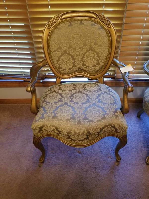 lot 15 image: French Provincial Gold Arm Chair w Baroque Upholstery
