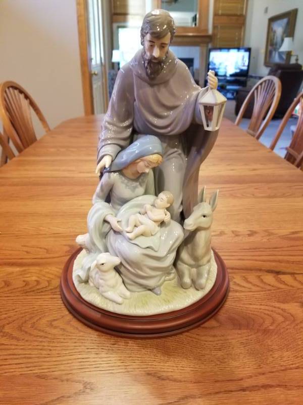 lot 32 image: Joseph, Mary and Jesus Painted Statue on Wood Base