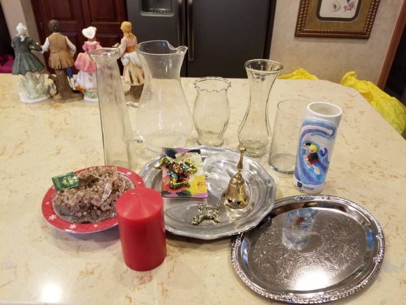 lot 46 image: Pewter Plate, Glass Vases, Candle�