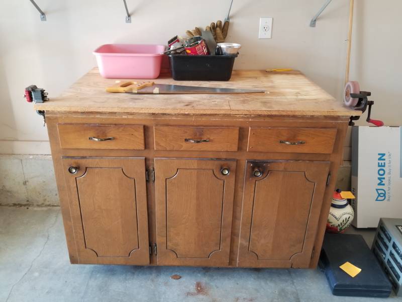 lot 57 image: Cabinet Base  Work Bench - 3 Doors & Drawers