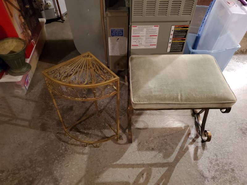 lot 126 image: Metal Corner Plant Stand and Upholstered Metal Stool
