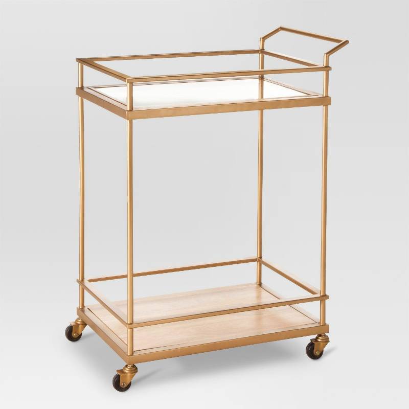 lot 7711 image: Wood & Glass Gold Finish Bar Cart - Threshold