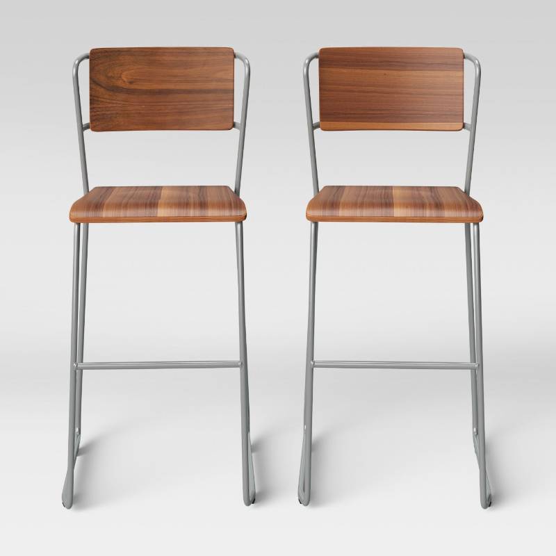 lot 7728 image: Set of 2 Killiam Mixed Material Sled Barstool Wood and Metal Silver - Project 62