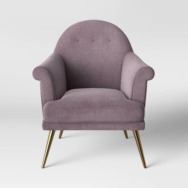 lot 7741 image: Myna Tufted Arm Chair with Brass Legs, Velvet Blush - Opalhouse