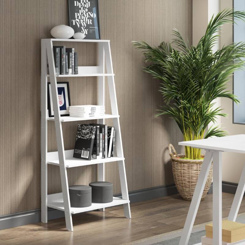 lot 7781 image: Walker Edison 55 Wood Ladder Bookshelf, White