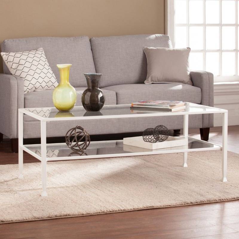 lot 7865 image: Jaymes MetalGlass Rectangular Open Shelf Cocktail Table in White - Southern Enterprises CK4779