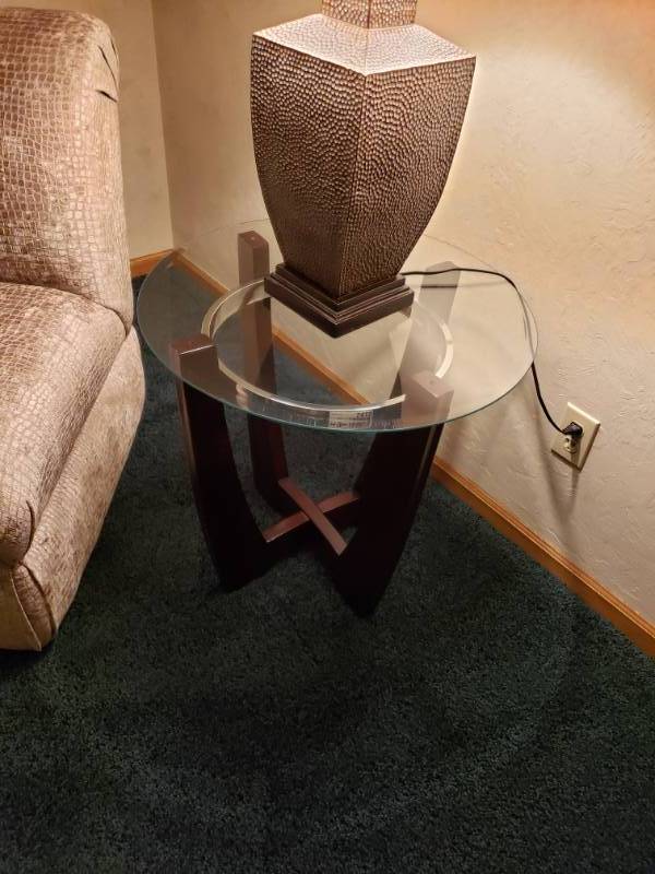 lot 7419 image: Wood based side table with glass top.