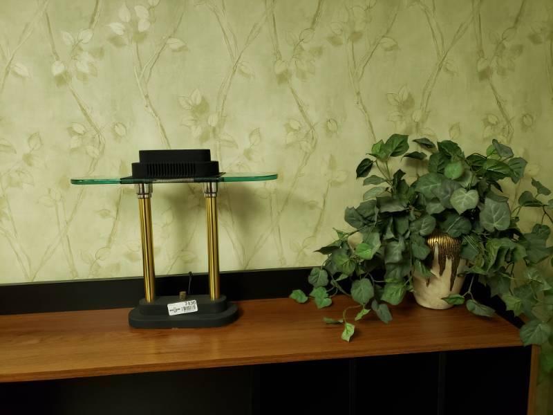 lot 7436 image: Nice portable lamp, fake plant and clock.