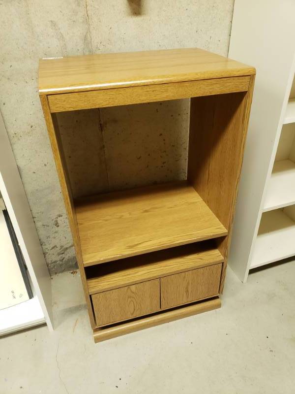 lot 7476 image: Wooden media stand with under storage.
