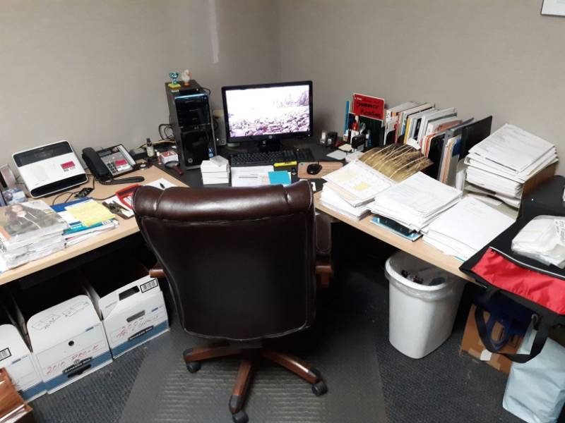 lot 2403 image: (2) Filing Cabinets, Two Desks With One Leather Rolling Office Chair,
