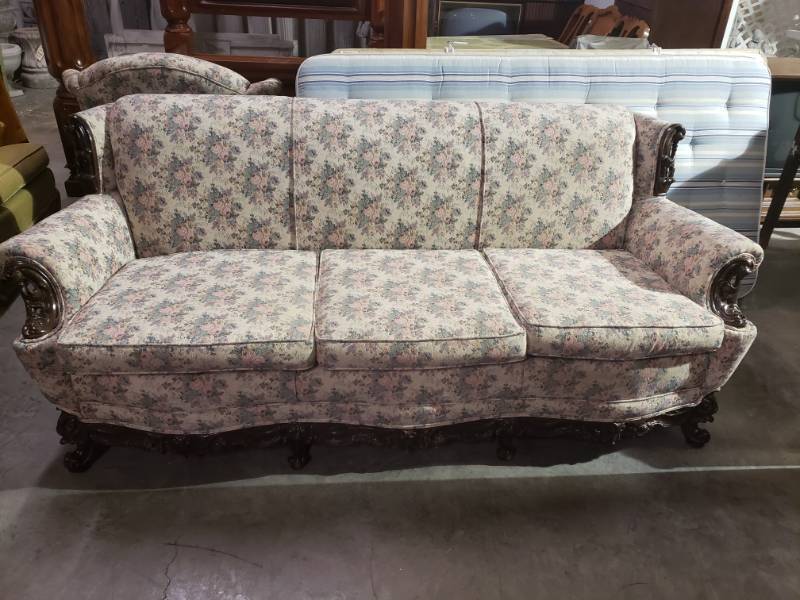 lot 7555 image: Vintage Floral Sofa Hand Carved Legs and Base