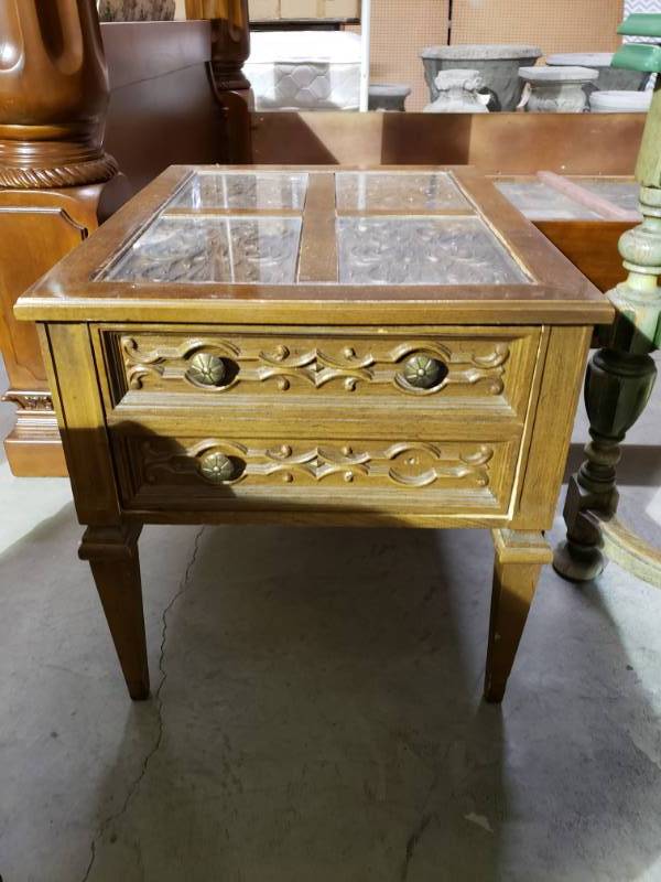lot 7575 image: Detailed Carved Wooden Glass Top Nightstand