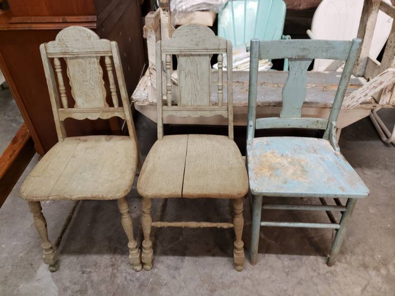 lot 7592 image: 3 DIY Vintage Wooden Students Chairs