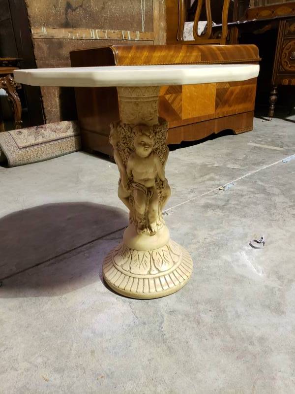 lot 7598 image: Marble Like Top on Stone Pedestal Table