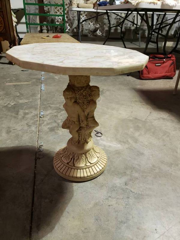 lot 7599 image: Marble Like Top on Stone Pedestal Table