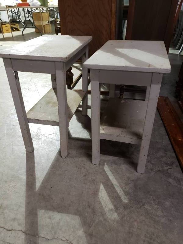 lot 7604 image: Pair of Wooden Grey Garden TablesStools