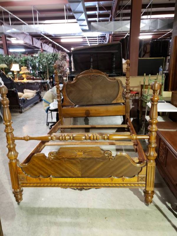 lot 7547 image: Early Victorian Hand Carved Walnut Full Size Bed Frame - with Mattress & Box Springs