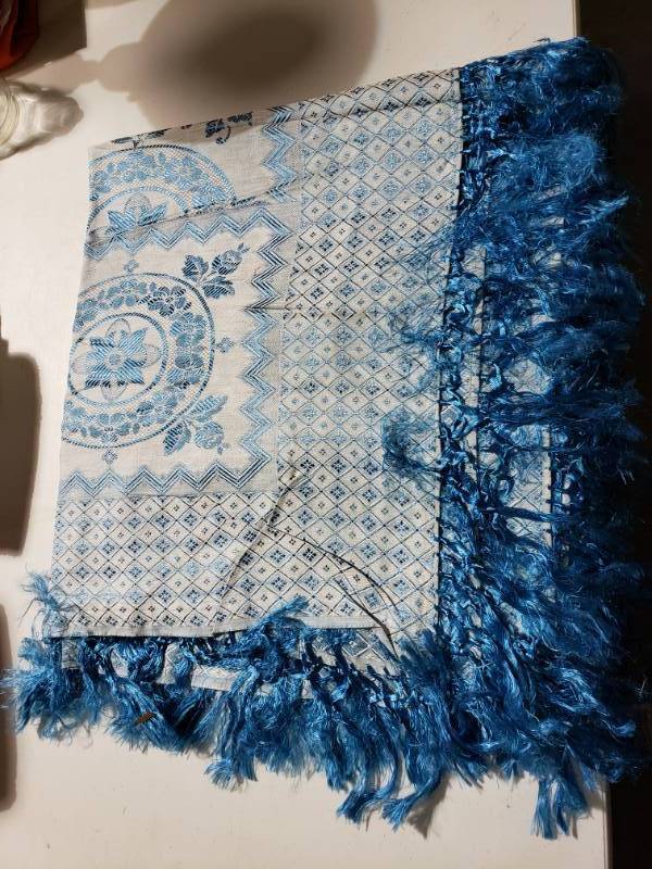 lot 7639 image: Baby Blue Table Cloth with Fringe