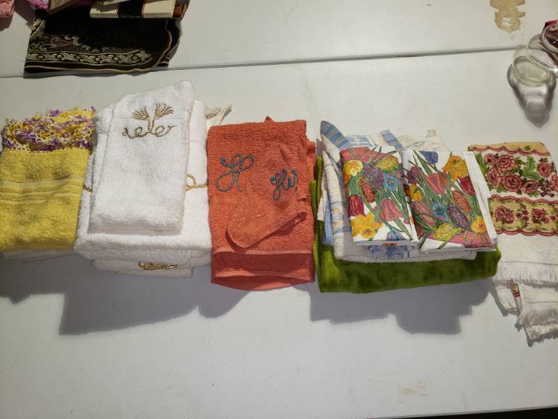 lot 7642 image: Lot of HisHers Embroidered Towels and Festive Hand Towels