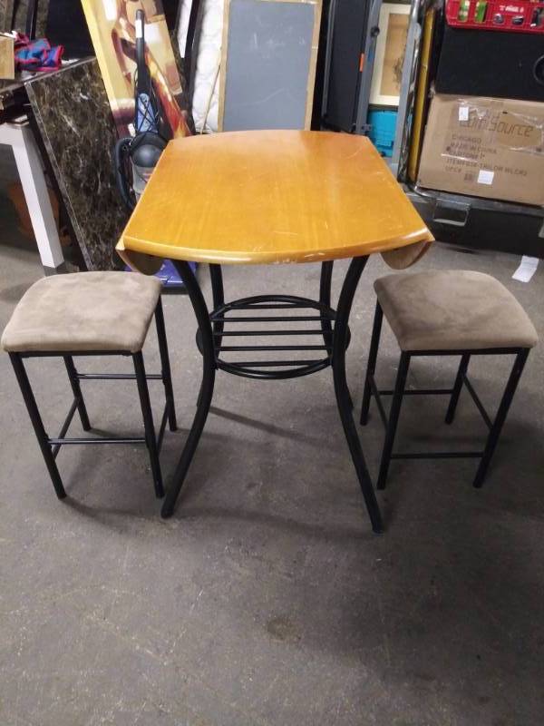 lot 1738 image: Double Drop Leaf Pub Height Table and 2 Stools