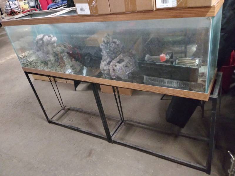 lot 1747 image: Huge Salt Water Aquarium with Stand, Decorations, Rocks, Dual Filter Systems and More