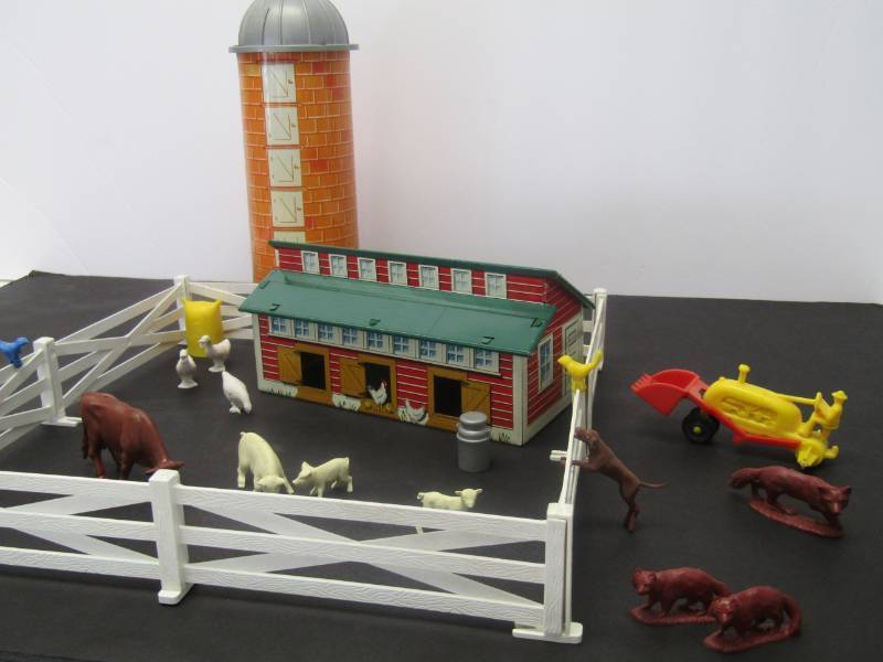 lot 3089 image: Vintage Metal Barn and Silo Farm Toy Set Fencing and Livestock To Get Ya Started