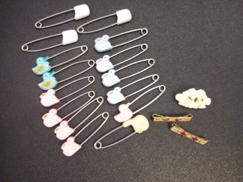 lot 42 image: Vintage Lot of Baby Diaper Pins   Ducks, Rabbits & Plain  Bonus Barrettes