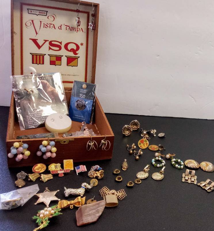 lot 43 image: Old Cigar Box with Vintage Jewelry  Clip-on Earrings, Lapel Pins & More