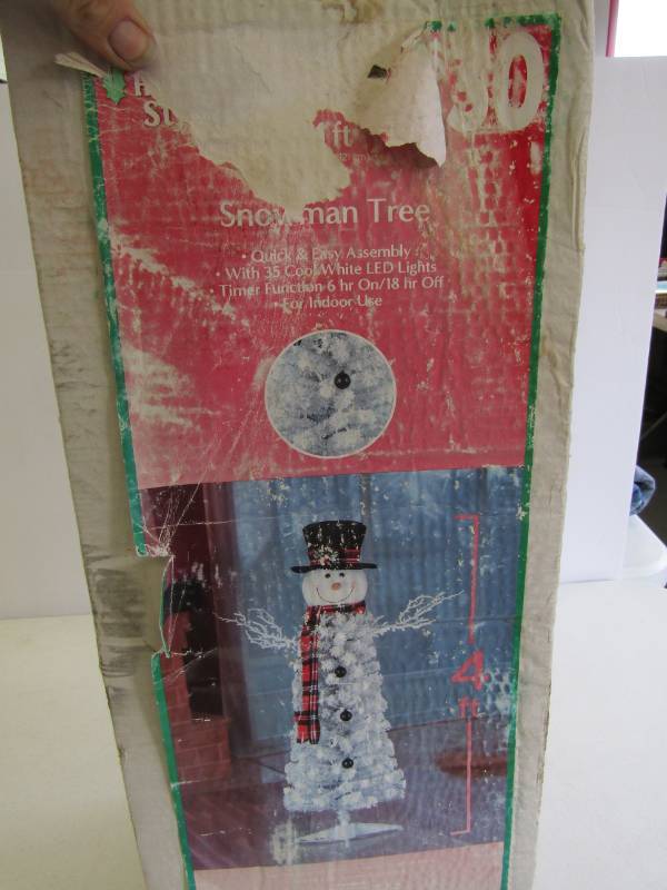 lot 3125 image: 4 ft Snowman Artificial Tree with White Lights  Never Opened