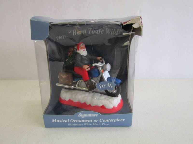 lot 3126 image: Santa on a Motorcycle  Ornament or Centerpiece  Plays Born to be Wild  NIB