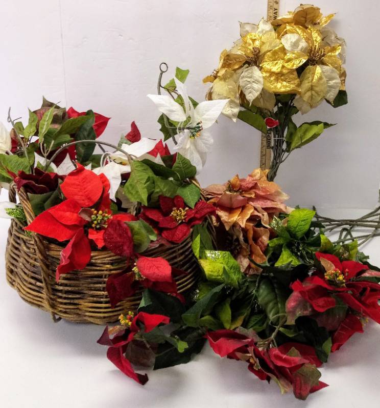 lot 3130 image: Lot of Miscellaneous Artificial Poinsettia Flowers  Gold, Red, & White