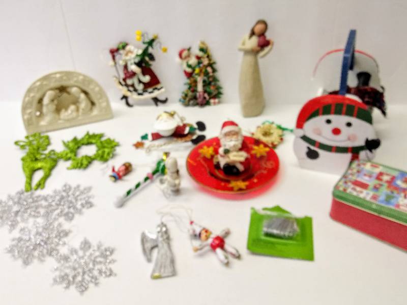 lot 3144 image: Lot of Unique Christmas Ornaments, a Willow Tree Figure & More Decor