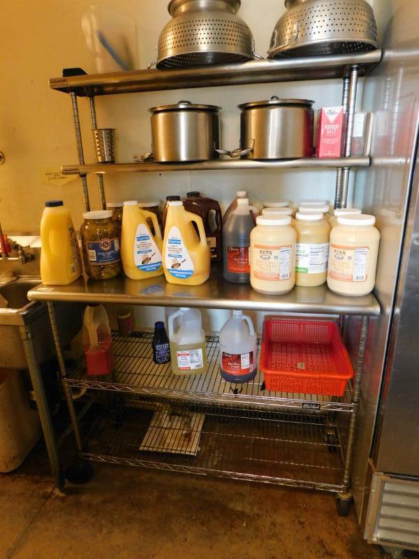 lot 3236 image: Stainless Steel Multi-Tier Table with Stainless Steel Overshelf