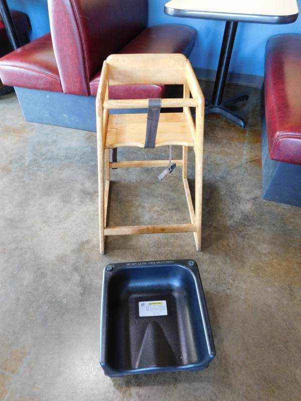 lot 3254 image: Wooden High Chair and Plastic Booster Seat