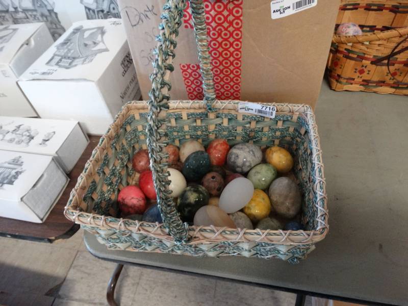 lot 7716 image: Large lot of polished stone eggs w basket