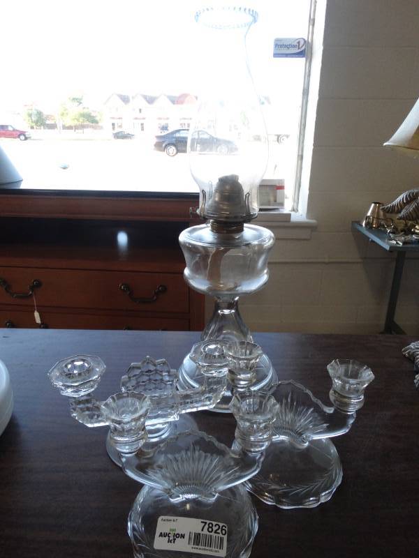 lot 7826 image: Lot of Glass Candle Holders and Oil Lamp