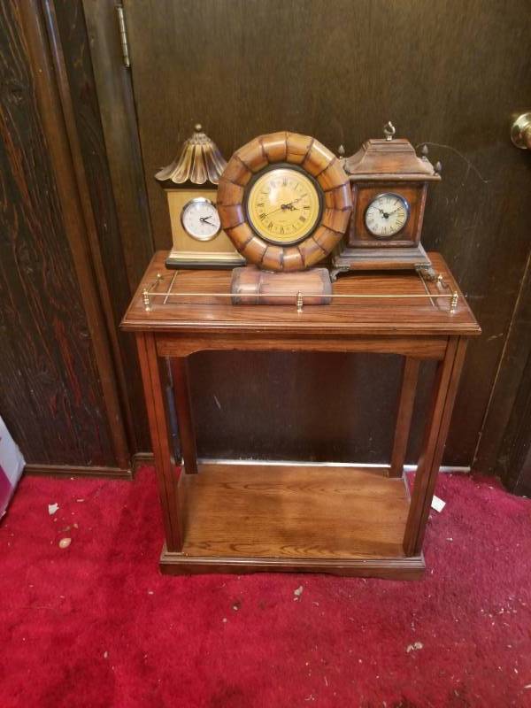 lot 16041 image: Wood Side Table and Three Clocks