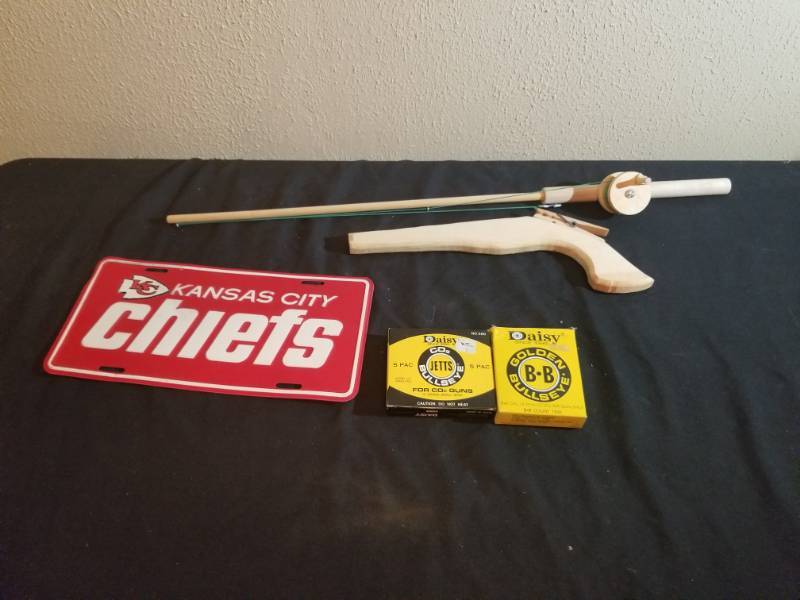 lot 16066 image: KC Chiefs License Plate, Wooden Rubber Band Gun and Fishing Pole, Daisy BBs 2 Boxes