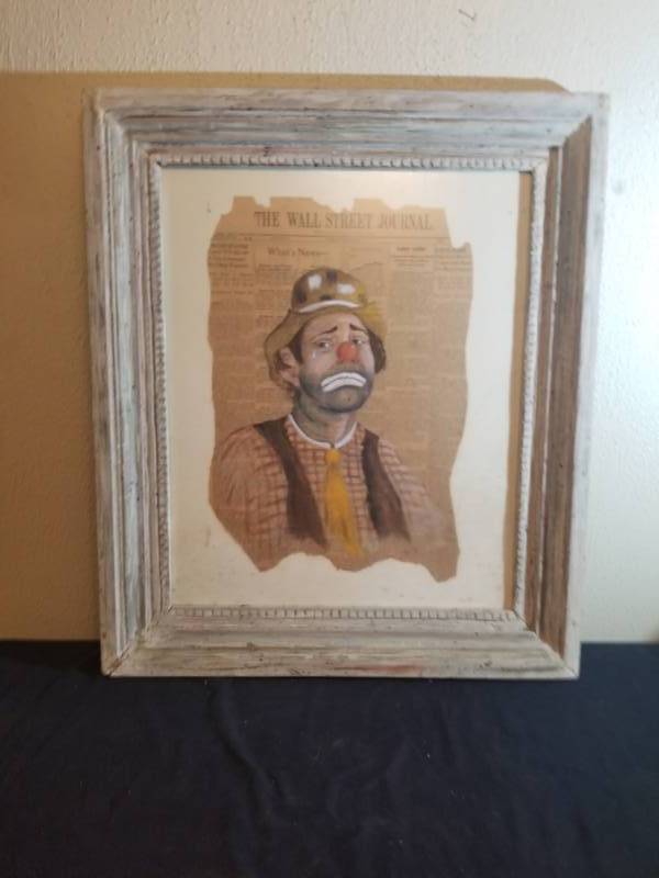 lot 16070 image: Clown Painting on Wall Street Journal Framed