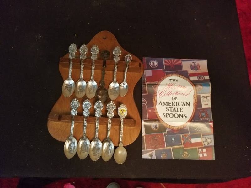 lot 16080 image: Collector Spoons, Wood Spoon Hanger and Book