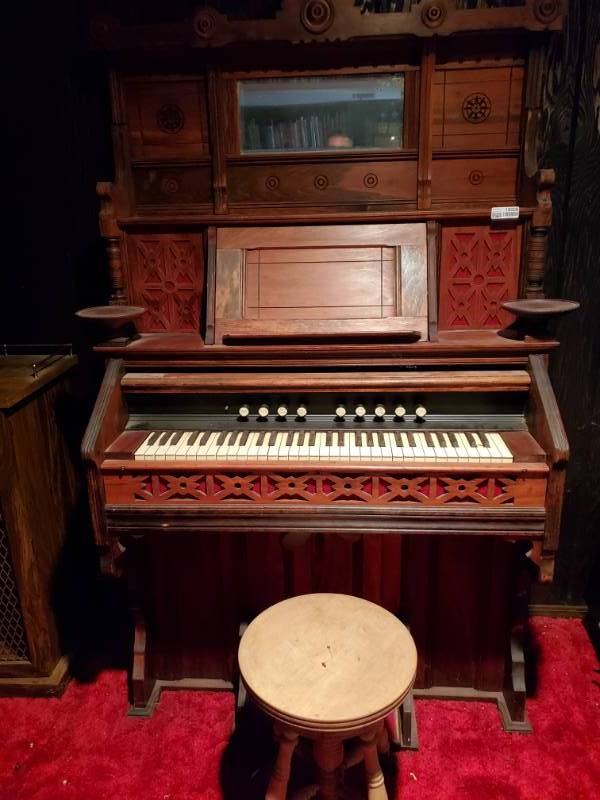 lot 16008 image: Tall Pump Organ w Mirrored Top and Stool