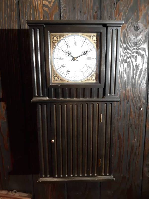 lot 16112 image: Wood Case Clock w Storage Cabinet Under